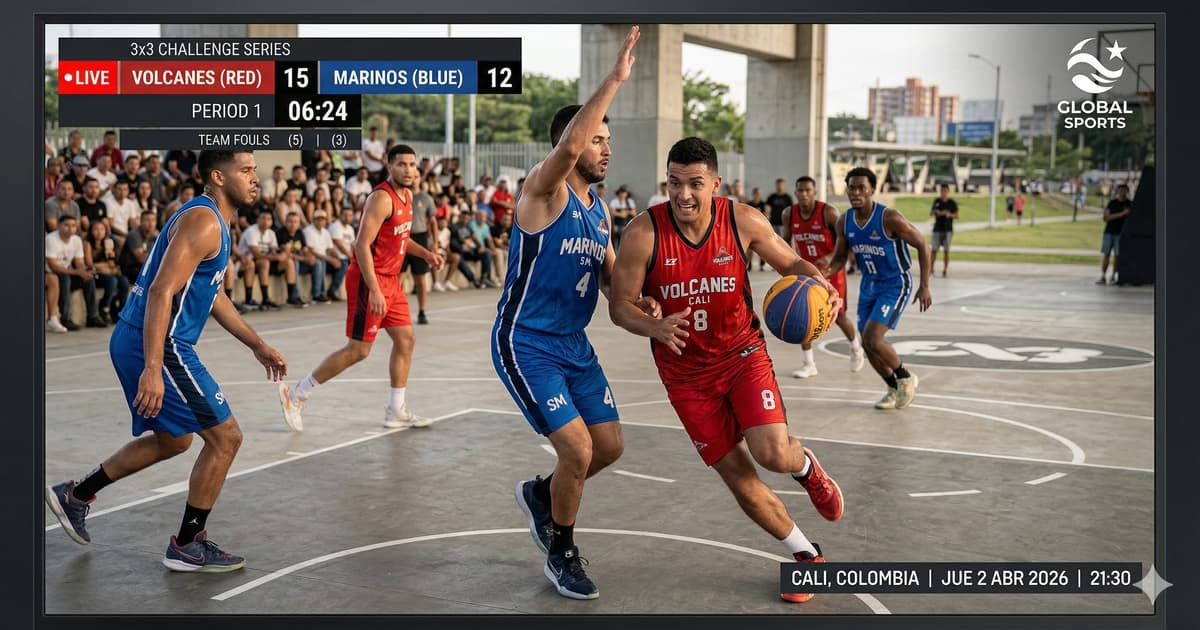 3x3 basketball court with broadcast graphics overlay showing scoreboard and clock