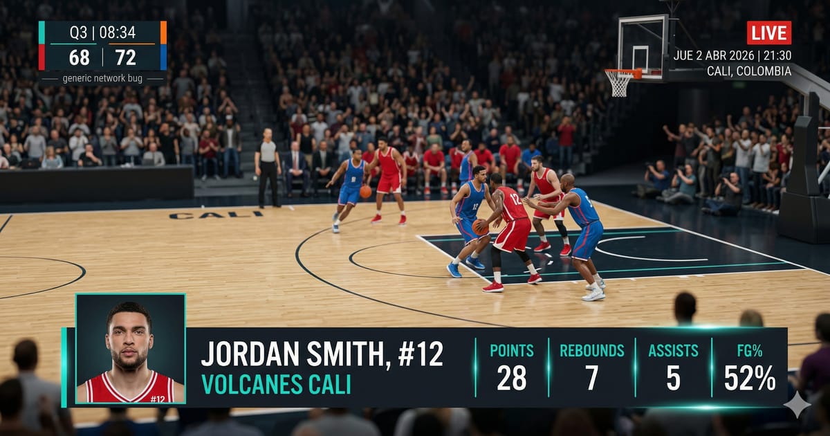 Gráfica de lower third con nombre de jugador superpuesta sobre imagen de partido de baloncesto