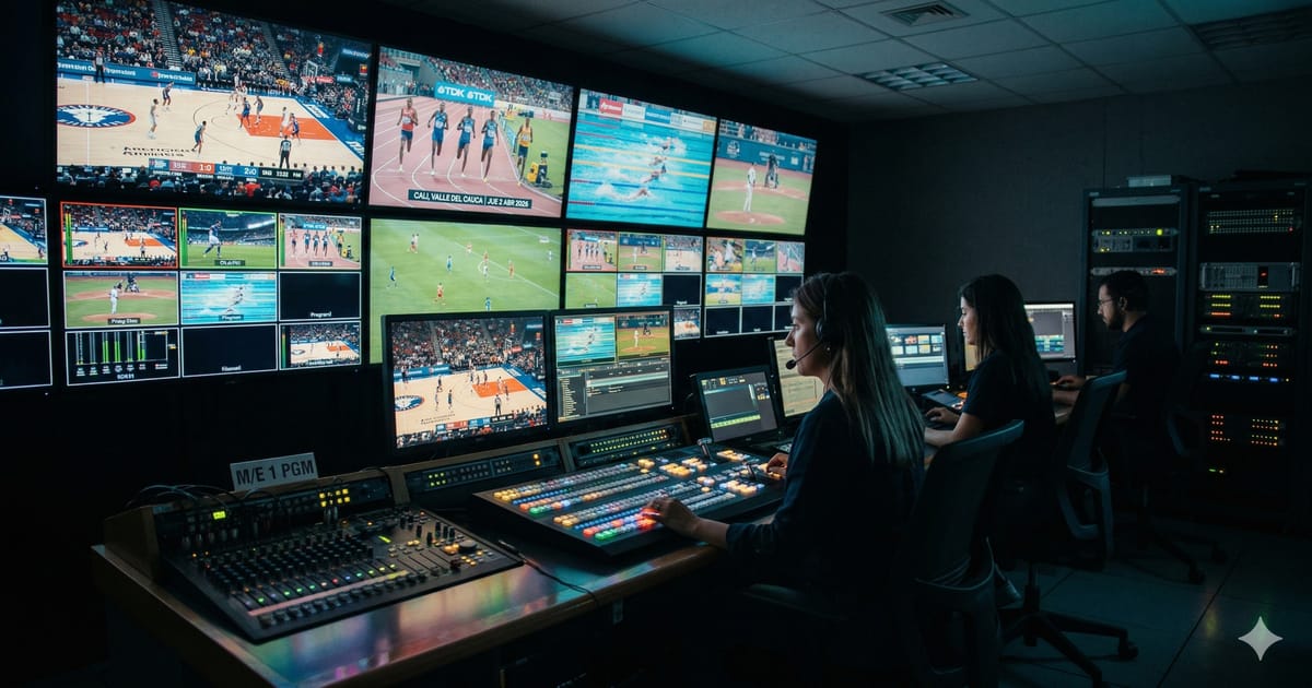 Centro de producción broadcast con múltiples monitores mostrando diferentes deportes en vivo