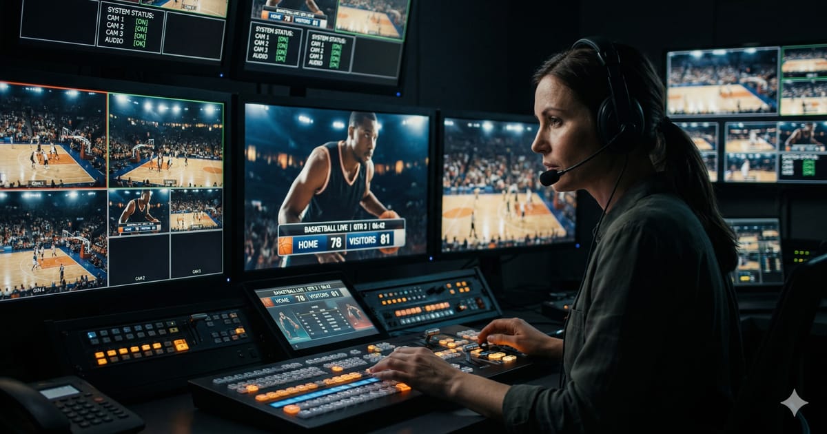 Operador de gráficas broadcast monitoreando pantallas durante un partido de baloncesto en vivo