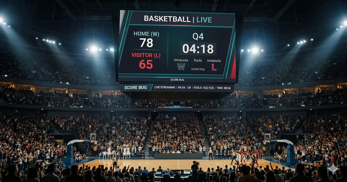 Arena jumbotron screen showing real-time game score and statistics